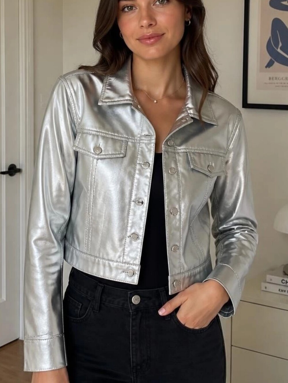 Almost Famous Metallic Silver Trucker Jacket Crop Womens Size XL